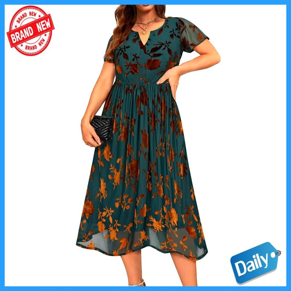 Velvet Cocktail Dress Short Sleeve Formal Party Wear Plus Size Floral Pattern